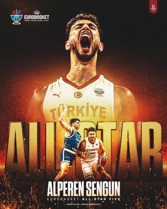 全村的骄傲！火箭官方发布海报 祝贺申京入选欧锦赛最佳阵容一阵