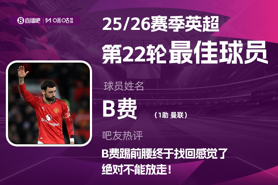 直播吧X咪咕体育|英超第22轮MVP：B费当选！全场最高分+送助攻